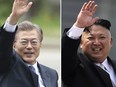 South Korea's new President Moon Jae-in, left, waves in Seoul, South Korea on May 10, 2017 and North Korean leader Kim Jong Un, right, on April 15, 2017.