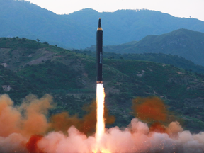 A new type of ballistic missile is fired at an undisclosed location in North Korea on May 15, 2017.