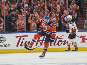 Leon Draisaitl (29) of the Edmonton Oilers, celebrates his first period goal against the Anaheim Duck in Game 6 in the second round of NHL playoffs at Rogers Place on May 7, 2017.