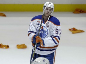 Edmonton captain Connor McDavid is dejected after the Oilers' 2-1 loss to the Anaheim Ducks in Game 7 of their second-round Stanley Cup playoff series in Anaheim, Calif., on Wednesday night.