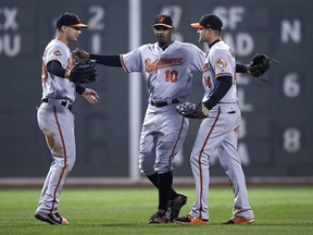 Baltimore Orioles centre fielder Adam Jones (middle) celebrates a win over the Boston Red Sox with right fielder Craig Gentry (right) and left fielder Joey Rickard on May 1.