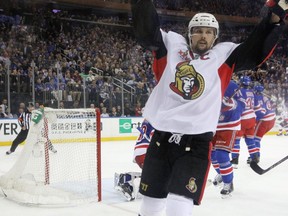 Ottawa Senators defenceman Erik Karlsson celebrates his goal against the New York Rangers on May 9.