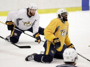 Nashville Predators defenceman P.K. Subban  jokes with teammates during practice on Thursday, May 25, 2017.