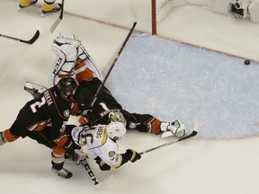 Nashville Predators' Pontus Aberg scores against Ducks goalie Jonathan Bernier during the third period of Game 5 of the Western Conference final in Anaheim, Calif., on Saturday night.