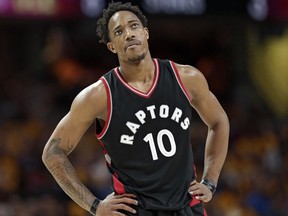 Toronto Raptors guard DeMar DeRozan looks up in the second half of his team's loss to the Cleveland Cavaliers on May 1.