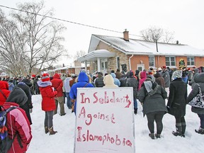 Hundreds of people gathered around the Stratford Mosque Friday to show their support after the fatal shooting at a Quebec City mosque on January 29, 2017.