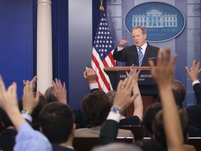 White House Press Secretary Sean Spicer speaks to the media in the briefing room at the White House, on May 15, 2017. Spicer fielded questions about the firing of FBI Director James Comey and the investigation into Russian interference in the 2016 presidential campaign.