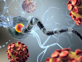 High quality 3d render of viruses attacking nerve cells, concept for Neurologic Diseases, tumors and brain surgery