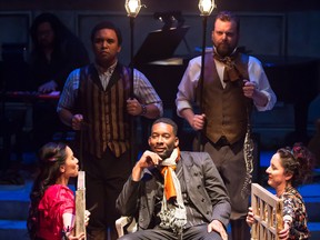 Actors (clockwise from bottom left) Elena Juatco, Peter Fernandes, Shane Carty, Rebecca Auerbach and Daren A. Herbert are shown in the play Onegin.