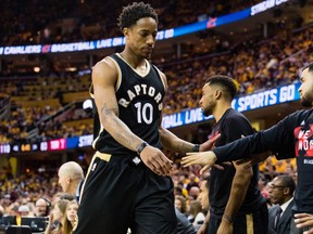 DeMar DeRozan #10 of the Toronto Raptors leaves the game during the second half of Game Two of the NBA Eastern Conference semifinals against the Cleveland Cavaliers at Quicken Loans Arena on May 3, 2017 in Cleveland, Ohio. The Cavaliers defeated the Raptors 125-103.