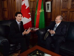 Prime Minister Justin Trudeau meets with the Aga Khan on Parliament Hill in Ottawa on Tuesday, May 17, 2016. Trudeau has repeatedly said he is happy to co-operate with the ethics commissioner and answer any questions she might have about his controversial Caribbean vacation.That was the line when it came out that Ethics Commissioner Mary Dawson was looking into his trip by private helicopter during a vacation in the Bahamas on an island owned by the Aga Khan, the billionaire leader of the Ismaili Muslims who is also a friend of the Trudeau family.