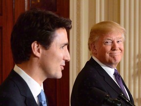Prime Minister Justin Trudeau and U.S. President Donald Trump take part in a joint press conference at the White House on Feb. 13, 2017.