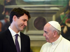 Prime Minister Justin Trudeau meets with Pope Francis for a private audience at the Vatican on Monday, May 29, 2017.