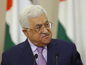 Palestinian President Mahmoud Abbas speaks at a joint press conference with Russian President Vladimir Putin on May 11, 2017.