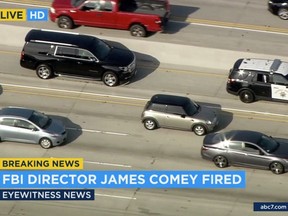 This still frame shows the motorcade carrying former FBI director James Comey  on Interstate 405, enroute to Los Angeles International Airport, Tuesday, May 9, 2017.