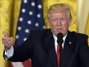 FILE - In this May 18, 2017 file photo, President Donald Trump speaks in the East Room of the White House in Washington on May 18, 2017.