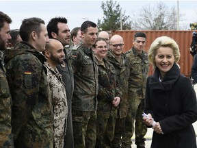 German Defence Minister Ursula von der Leyen talking with German soldiers during a visit of the German Armed Forces Bundeswehr at the air base in Incirlik, Turkey.