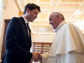 Canadian Prime Minister Justin Trudeau shakes hands with Pope Francis on the occasion of their private audience, at the Vatican, Monday, May 29, 2017