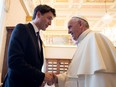 Canadian Prime Minister Justin Trudeau shakes hands with Pope Francis on the occasion of their private audience, at the Vatican, Monday, May 29, 2017.