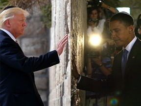 Donald Trump in his 2017 visit to the Western Wall and Barack Obama in his January 2008 visit.