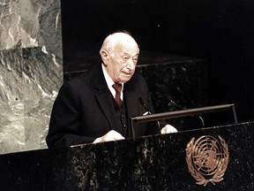 In this handout photo Simon Wiesenthal is seen addressing the United Nations. Wiesenthal was responsible for bringing more than 1,100 Nazi war criminals to court. Wiesenthal died at his home in Vienna at the age of 96.