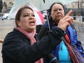 Jocelyn Wabano-Iahtail speaking to reporters after attending a press conference on Parliament Hill in Ottawa Ontario Thursday June 29, 2017.