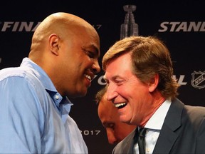 NBA analyst Charles Barkley (left) shares a laugh with Wayne Gretzky at a press conference in Nashville on June 5.