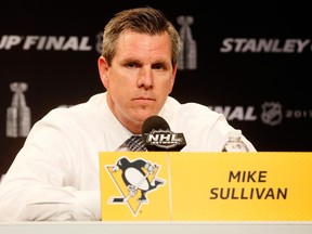 Pittsburgh Penguins coach Mike Sullivan speaks to reporters after losing to the Nashville Predators on June 3.