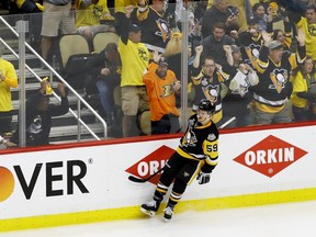 Pittsburgh Penguins forward Jake Guentzel celebrates a goal against the Nashville Predators on May 31.