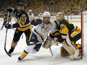 Viktor Arvidsson, centre, and the Nashville Predators need to pump up the offence on home ice if they are to bounce back in the Stanley Cup Final against the Pittsburgh Penguins.