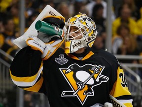 Pittsburgh Penguins goalie Matt Murray sips water against the Nashville Predators on May 31.