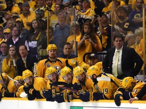 The Nashville Predators react after falling to the Pittsburgh Penguins 2-0 in Game Six of the 2017 NHL Stanley Cup Final at the Bridgestone Arena on June 11, 2017 in Nashville, Tennessee.