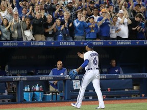 Marcus Stroman of the Blue Jays acknowledges the ovation from fans at Rogers Centre as he exits the game in the eighth inning against the Baltimore Orioles in Toronto on Wednesday night.