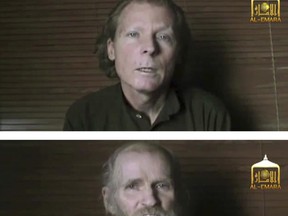 In this two photo combination image taken from video released Wednesday June 21, 2017, by the Taliban spokesman Zabihullah Mujahid, showing kidnapped teachers Australian Timothy Weekes, top, American  Kevin King, who were both abducted by the insurgents in Afghanistan in August 2016.  The two men were abducted outside the American University of Afghanistan in Kabul, where they work as teachers. In the video the two captives report the date as June 16, and say they are being treated well by the Taliban but that they remain prisoners and appeal to their governments to help set them free.(EL-EMARA Taliban via AP)