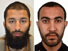 An undated handout picture released by the British Metropolitan Police Service in London on June 5, 2017 shows Khuram Shazad Butt (left) and Rachid Redouane from Barking, east London, believed by police to be two of the three attackers in the June 3 terror attack on London Bridge.