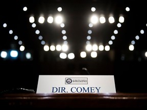 Ousted FBI director James Comey's seat at the witness table is seen before a hearing of the Senate Select Committee on Intelligence on Capitol Hill June 8, 2017 in Washington, DC