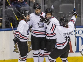 Team White celebrates a goal during 3rd period action against Team Blue at the CWHL All Star game at the Air Canada Centre in Toronto on Saturday February 11, 2017.