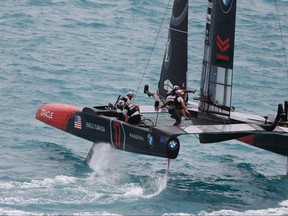 In this photo provided by America's Cup Event Authority, Oracle Team USA competes in the America's Cup sailing competition, in the Great Sound of Bermuda, Saturday, June 24, 2017.   (Sander van der Borch/ACEA via AP)