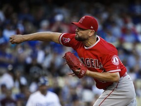 Los Angeles Angels starting pitcher Ricky Nolasco throws against the Los Angeles Dodgers during the first inning of a baseball game, Monday, June 26, 2017, in Los Angeles. (AP Photo/Jae C. Hong)