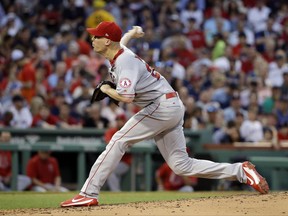 Los Angeles Angels starting pitcher Alex Meyer delivers to the Boston Red Sox during the second inning of a baseball game at Fenway Park, Friday, June 23, 2017, in Boston. (AP Photo/Elise Amendola)