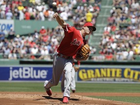 Los Angeles Angels' Parker Bridwell delivers a pitch against the Boston Red Sox in the first inning of a baseball game, Sunday, June 25, 2017, in Boston. (AP Photo/Steven Senne)