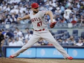 Los Angeles Angels' Ricky Nolasco winds up during the first inning of the team's baseball game against the New York Yankees on Wednesday, June 21, 2017, in New York. (AP Photo/Frank Franklin II)