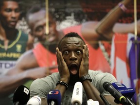 Jamaica's sprinter Usain Bolt grimaces during a press conference prior Golden Spike Athletic meeting in Ostrava, Czech Republic, Monday, June 26, 2017. Bolt will compete in the 100 meters at the Golden Spike on Wednesday, June 28, 2017. (AP Photo/Petr David Josek)