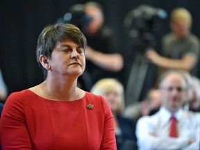 DUP leader Arlene Foster pauses before addressing the gathered media as the Democratic Unionist party launch their manifesto on May 31, 2017 in Antrim, Northern Ireland.