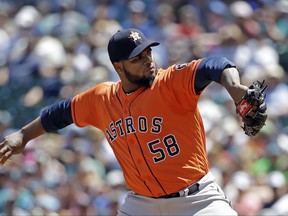 Houston Astros starting pitcher Francis Martes throws against the Seattle Mariners in the first inning of a baseball game Sunday, June 25, 2017, in Seattle. (AP Photo/Elaine Thompson)