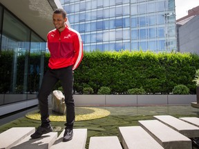 Canadian sprinter Andre De Grasse, of Markham, Ont., leaves after a news conference for the Harry Jerome International Track Classic, in Vancouver, B.C., on Tuesday June 27, 2017.