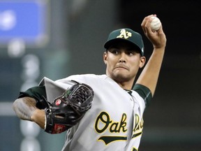 Oakland Athletics starting pitcher Sean Manaea throws against the Houston Astros during the first inning of a baseball game, Tuesday, June 27, 2017, in Houston. (AP Photo/David J. Phillip)