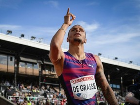 Andre De Grasse celebrates his win in the 100m at a Diamond League meet in Stockholm on June 18.