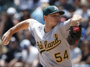 Oakland Athletics starting pitcher Sonny Gray throws against the Chicago White Sox during the first inning of a baseball game Sunday, June 25, 2017, in Chicago. (AP Photo/Nam Y. Huh)
