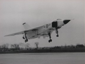 The first Avro Arrow jet fighter interceptor takes to the skies over Toronto on March 25, 1958.